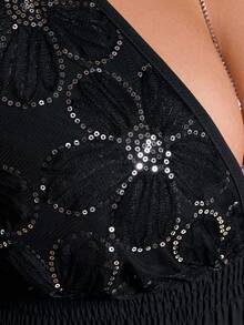 Cravure Đầm thời trang gợi cảm tay đèn lồng cổ chữ V sâu họa tiết hoa sequin cỡ lớn cho nữ - màu đen - Xem 8