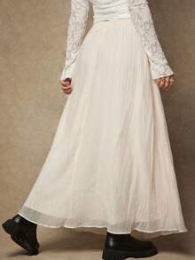 Freevana 大码优雅纯色半身裙，适合通勤 - 杏色 - 查看 5