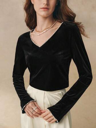 Cévolie 优雅通勤珍珠缀饰长袖T恤，秋季