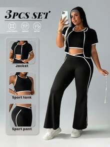 Rhythm Era Conjunto deportivo de talla grande para mujer con cárdigan de manga corta con ribete, top corto y pantalones acampanados