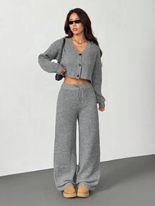 SHEIN PETITE 秋冬季女士休闲纯色长袖针织开衫两件套 - 深灰色 - 查看 5