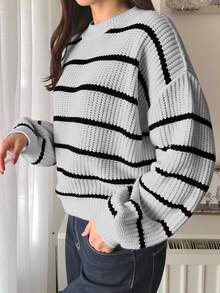 SHEIN TEENGIRL 灰色条纹基本款休闲圆领宽松灯笼袖毛衣，返校，学院风，家居服针织套头衫针织毛衣灰色毛衣可爱毛衣毛衣青少年条纹毛衣秋冬女装 - 灰色 - 查看 2