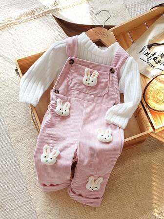Vintaside Kids 2pcs/Set Baby Girls Solid Color Long Sleeve Top And Rabbit Decor Sleeveless Bib Pants Jumpsuit
