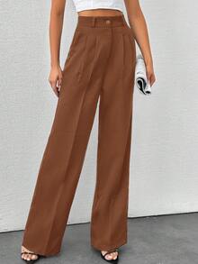 SHEIN Tall 高腰女式纯色阔腿裤 - 棕色 - 查看 4