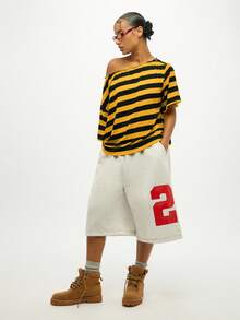 SUMWON WOMEN 引领潮流的露肩条纹超大 T 恤宽松版型时尚前卫上衣休闲夏季假日秋季节日装 - 彩色 - 查看 3