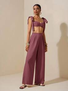 Zivah Beach New Spring And Summer Casual Holiday Bowknot Shoulder Straps Chest-Wrapped Heart Collar Cropped Top + Wide-Leg Super Trousers Apricot Women's Two Pieces Se,Textured Fabric Material