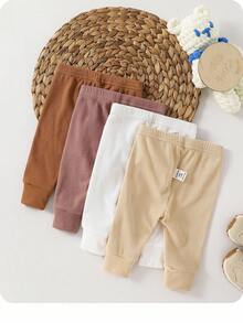 SHEIN 4 piezas Pantalones elásticos de cintura sólida de punto para bebé recién nacido niña, versátiles para otoño/invierno - Multicolor - Ver 2