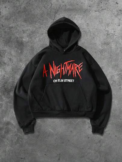 A Nightmare on Elm Street X ROMWE Sudadera con capucha oversize con gráfico de eslogan para hombres, adecuada para otoño/invierno