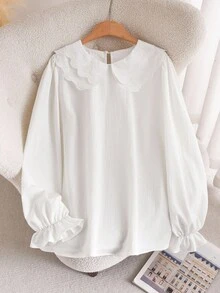 CosyJoli 大码休闲荷叶边彼得潘领泡泡袖衬衫 - 白色 - 查看 5