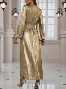Allurite 女式金属纹理灯笼袖开衩连衣裙，适合新年节日派对服装，超长金属女装 - 金色 - 查看 2