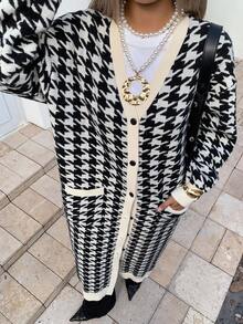 DAZY Cardigan long décontracté en tricot à manches longues avec poches et épaules tombantes, motif pied-de-poule, automne/hiver pour femmes - Noir - Voir 5
