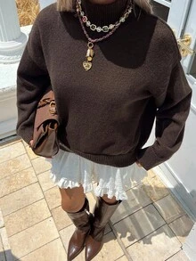 DAZY 女士宽松休闲高领套头毛衣，棕色，商务/通勤风格，秋冬 - 棕色 - 查看 4