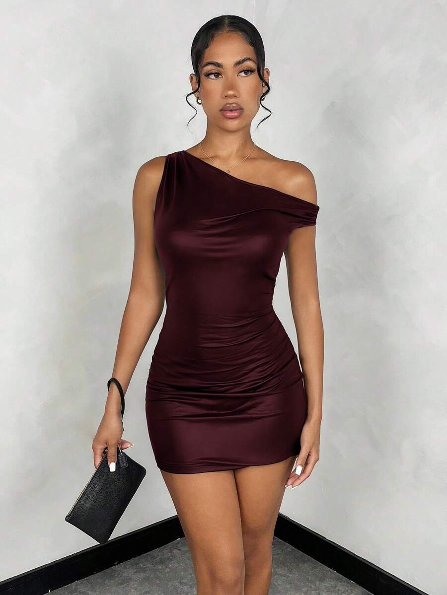 SHEIN BAE Women's Solid Black Simple All-Match Versatile PU Fabric Asymmetric Ruched Sexy Mini Dress, Suitable For Gala, Homecoming, Party