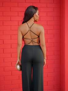 Yess Loren 女士夏季性感露背连体裤黑色连体裤海边度假连体泳衣泳装夜间外出度假装 - 黑色 - 查看 5