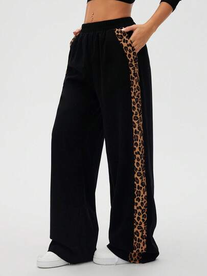 SHEIN LUNE Women's Leopard Print Patchwork Casual Wide Leg Pants, Autumn/Winter