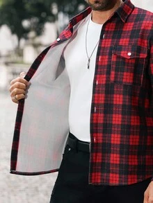 Manfinity CasualCool Áo khoác nam tay dài cài nút phía trước, trang phục thường ngày, ấm áp, áo sơ mi kẻ sọc, giáng sinh, thu đông - Đỏ - Xem 8