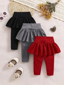 SHEIN 3pcs/Set Girl Knitted Elastic Solid Color Ruffle Waist Pants, Baby Girl Style, Autumn/Winter - Red - View 7