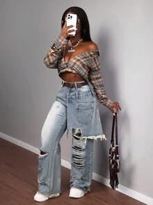 BamGleam Jeans anchos de pierna ancha con estilo casual de moda callejera, con efecto rasgado y bordes crudos para mujeres