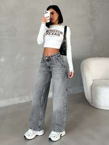 EURMUSE Petite Low Waist Snow Wash Straight Jean - Grey - View 6