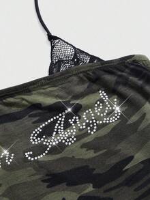 ROMWE J-Fashion Y2K 性感迷彩迷你泡泡袖连衣裙露肩紧身连衣裙 - 軍綠色 - 查看 3