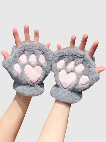Kawaii 1 Pair Plush Cat Paw Fingerless Gloves, Suitable For Daily Wear