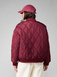 MISSGUIDED Boxy Fit Quilted Bomber Winter Jacket Puffer Casual Outerwear Reversible Padded With Ribbed Collar Cuffs Zipper Front Closure Warm Elegant Autumn - Burgundy - View 2