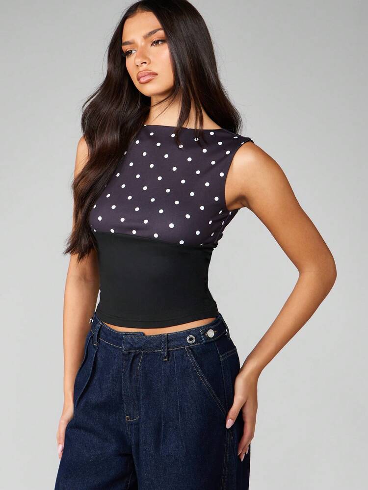 MISSGUIDED Top corto con schiena a V e stampa a pois, senza maniche, aderente, blusa estiva da sera, per feste e club, stile vintage vintage, casual da giorno, basic