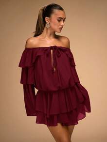 SHEIN BAE Vestido elegante de mujer de unicolor con hombros descubiertos y volantes en el bajo, otoño - Burdeos - Ver 7