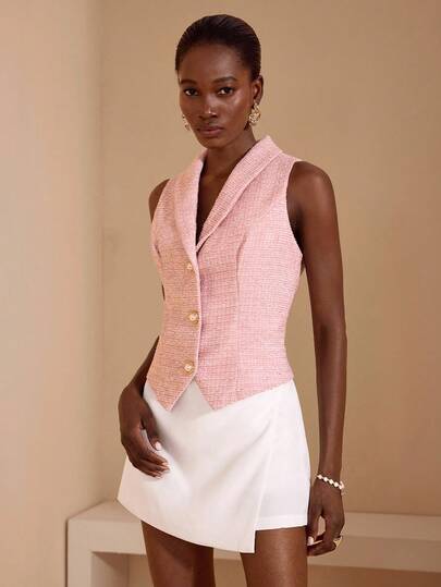 JIAN LASALA Colete Jaqueta Sem Mangas com Lapela em Tweed Rosa, Elegante para Mulheres no Outono e Inverno, Roupas de Resort Seersucker 2025, Looks de Escritório, Peças Especiais, Coleção de Roupas de Luxo e Estilosas