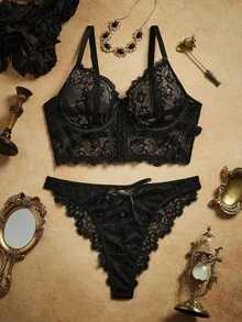 PinupPomp 2pcs Plus Size Elegant Sexy Lace Lingerie Set, Lift Gothic Lingerie Set Lace Bra Set Black Lace Bra Set