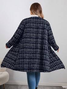 SHEIN CURVE+ Curve 大码/秋装/秋季女装/女冬装/冬装大码女式冬季夹克，仿粗花呢图案前开长袖外套，配珍珠纽扣和口袋，大码女装 8xl 大码外套，大码冬季外套，大码粗花呢外套，女士秋装，冬季，CURVE PLUS/秋季/冬季 - 藏蓝色 - 查看 2