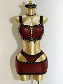 Mistrie 女士新款无袖性感方领吊带背心裙，饰有铆钉刺绣设计，低腰露肩迷你蓬蓬裙，搭配PU皮革套装，朋克风街头服饰，万圣节节日女装套装。 - 紅色 - 查看 4