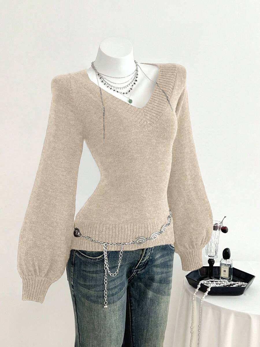 Elamini Women's Casual Solid Color V-Neck Lantern Sleeve Loose Knit Sweater - Khaki - View 1