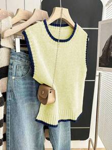 Franclia Áo len dệt kim cổ tròn không tay, dáng rộng, màu kaki tương phản, dành cho nữ, mùa xuân/thu - Vàng nhạt - Xem 4