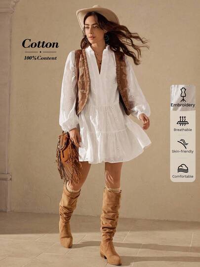 Wildy Vestido corto casual de mujer con mangas farol, cuello en V, dobladillo con volantes, bordado y estampado tie-dye, estilo vacacional