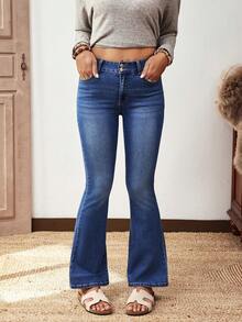 EMERY ROSE Quần jeans ống loe cạp cao, túi thường ngày dành cho nữ - Rửa tối - Xem 8