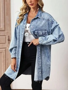 EMERY ROSE Women's Casual Washed Front Button Denim Shirt Dress, Autumn - Light Wash - View 4