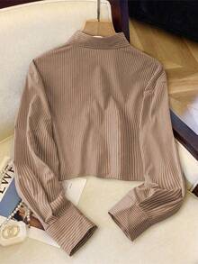 Chiquease 女士休闲条纹印花落肩宽松混合口袋短款长袖衬衫 - 咖啡棕 - 查看 2