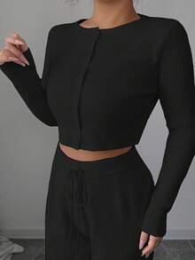 Modelyn 2 件套女士纯色毛衣上衣和裤子套装，优雅的日常穿着 - 黑色 - 查看 6