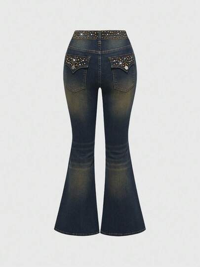 Grunge Punk Jeans femme sexy punk rock Y2K avec ornements de sequins métalliques