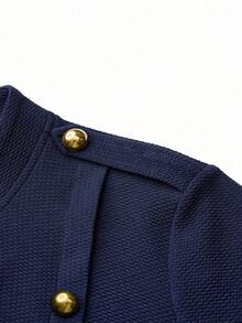 DreamSkyne Plus Size Solid Color Stand Collar Decorated Button Jacket, Spring Autumn Fall Winter Cloth For Women - Navy Blue - View 6