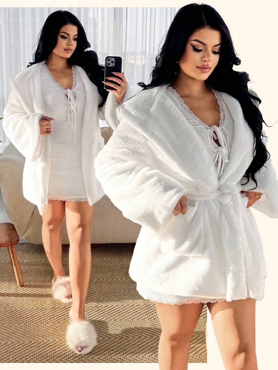 SHEIN SXY Women's Long Sleeve White Hooded Button Faux Fur Coat Jacket, Autumn/Winter, Fall Clothes For Women,Winter Clothes For Women ,White - White - View 1