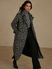 GENKIRA Elegant European & American Style Black & White Leopard Print Double-Breasted Tie-Up Design Long Overcoat, Autumn/Winter New Arrival - Multicolor - View 4