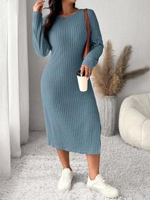 SHEIN Frenchy Damen Kleid in Große Größen mit rundem Ausschnitt, Drop Shoulder, Langarm und Schlitz am Saum, figurbetonter Schnitt - Blau - Übersicht 5