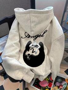 EMERY ROSE 女士休闲日常天使台球数码印花露肩宽松口袋抽绳连帽运动衫，秋冬 - 淺灰色 - 查看 2