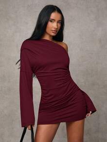 SHEIN BAE Women's Fashion Sexy Solid Color Asymmetric Neck Mini Dress,Dresses For Women Elegant