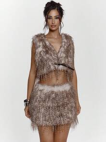 MUSERA Cropped Fluffy Faux Fur Belted Plunge V Front Top Sexy Going Out Night Out Winter Cute Streetwear - Multicolor - View 2