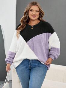 SHEIN CURVE+ 秋冬大码撞色落肩毛绒不对称上衣 - 彩色 - 查看 7