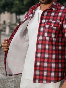 Manfinity CasualCool 男士纽扣前长袖格子夹克，休闲日常装，秋季男装，冬季男士夹克，保暖夹克，格子衬衫 - 紅色 - 查看 7
