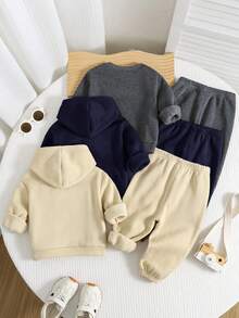 SHEIN 6 件套男婴/女婴可爱字母印花长袖连帽运动衫和慢跑裤套装，男女通用婴儿服装，男婴冬装 - 彩色 - 查看 2